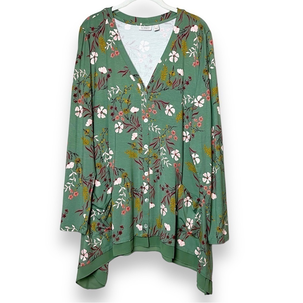 LOGO Lori Goldstein floral tunic‎ top Large green long sleeve flowy stretch
